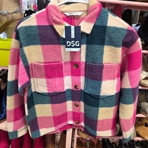 DSG Girls Plaid Button Front Shirt Jacket Pink Teal Cream Size M